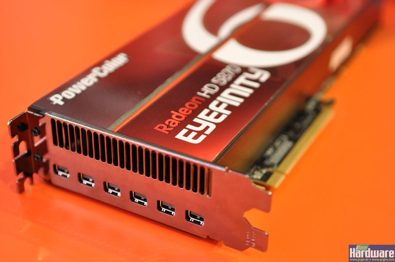 [04/03/2010] Radeon HD 5870 Eyefinity 6: Kein DVI? Kein HDMI? Dafür aber sechs passive Mini-Display-Ports für Eyefinity. Ein sehr ungewöhnliches Stück Hardware, welches zudem mit 2 statt 1 GiByte VRAM ausgeliefert wird.