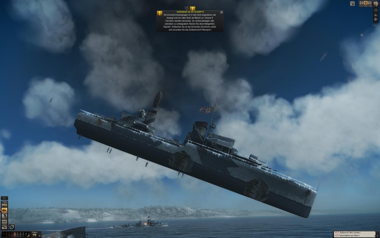 [08/03/2010] Silent Hunter 5: Dass Schiffe sich noch einmal aufbäumen, wenn sie per Torpedo in zwei Teile zerlegt werden, ist ja nichts Besonderes. Doch die Entwickler der U-Boot-Simulation wollten mit ihrem Werk wahrscheinlich optisch besonders beeindruckende Untergangsbilder liefern. Hier schwebt gleich das ganze Schiff durch die Luft. (Frank Stöwer)