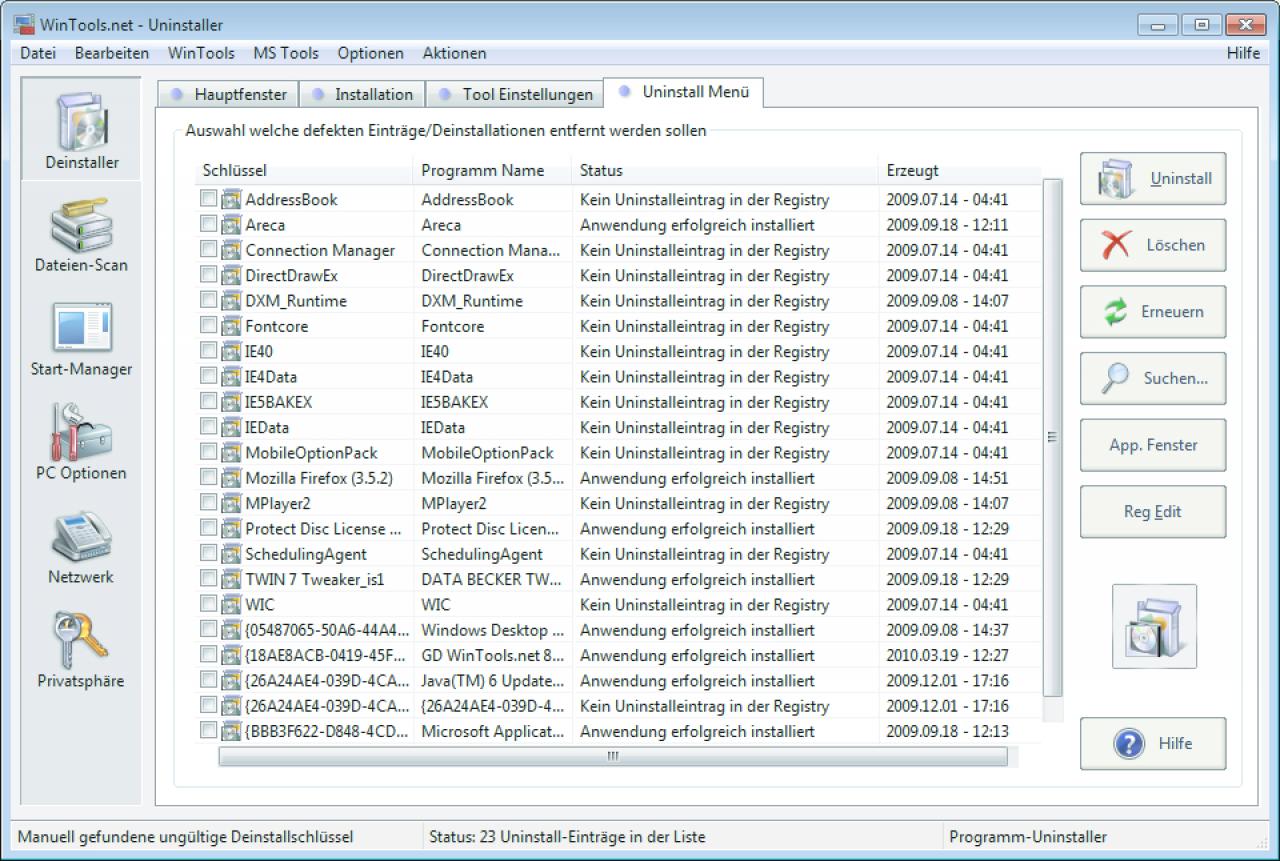 [31/03/2010] Wintools.net bringt in der Ultimate Edition eine Reihe von Werkzeugen mit, um unerwünschte Programme und deren Reste loszuwerden (hier: der Uninstaller).