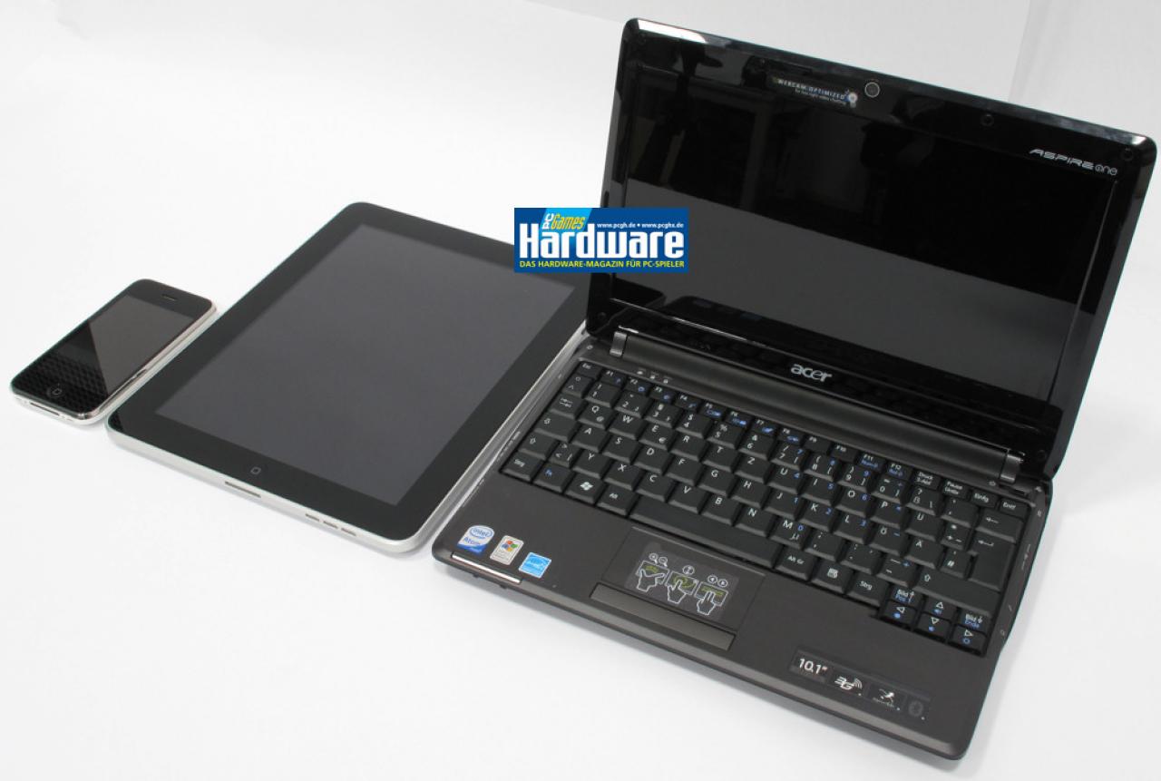 [12/04/2010] Das Ipad im Größenvergleich mit einem Iphone und einem 10,1-Zoll-Netbook.