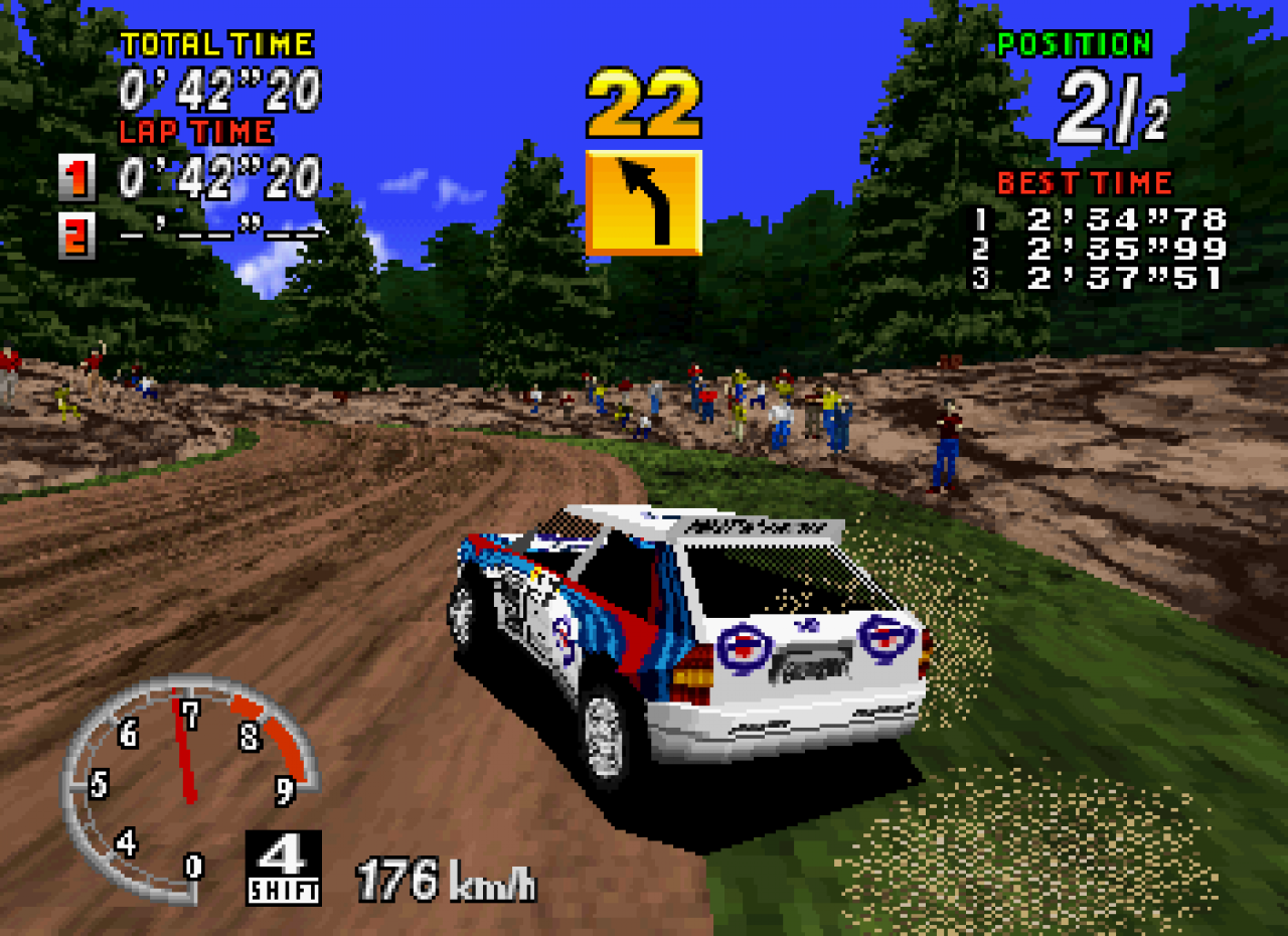 [20/04/2010] 1997: Sega Rally Championship, Eigene Engine - Die Landschaft wird nicht physikalisch korrekt beschleunigt, aber die Fahrphysik des Arcade-Racers erlangte legendären Ruf, denn nirgends lassen sich Drifts so sauber und lange durchführen.