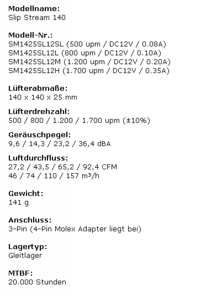 [12/04/2010] Technische Spezifikationen der Scythe Slip Stream 140 Serie