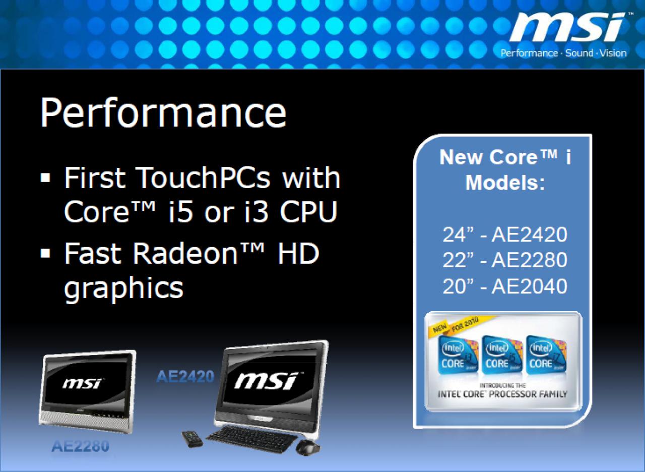 [25/05/2010] MSI rüstet drei Touchscreen-Systeme mit verschiedenen Intel Core i3- und Core i5- CPUs sowie Radeon-Grafikeinheit aus.