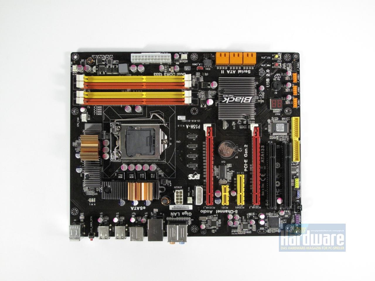 [20/05/2010] P55 - Elitegroup P55H-A: Dieses Board ist nicht hässlich - wir finden es sogar ganz ansehnlich. Wir haben es nur in die Galerie gesetzt um zu zeigen, dass Elitegroup auch optisch ansprechende Boards bauen kann.