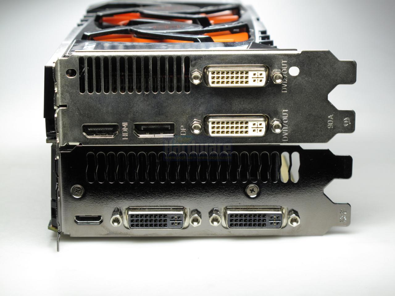[21/05/2010] Palit Geforce GTX 470 Own Design: Der Mini-HDMI des Referenzdesigns weicht, ein Displayport und ein großer HDMI-Ausgang geben ihr Stelldichein. Die Anschlussvielfalt entspricht einer Radeon HD 5800/5700.