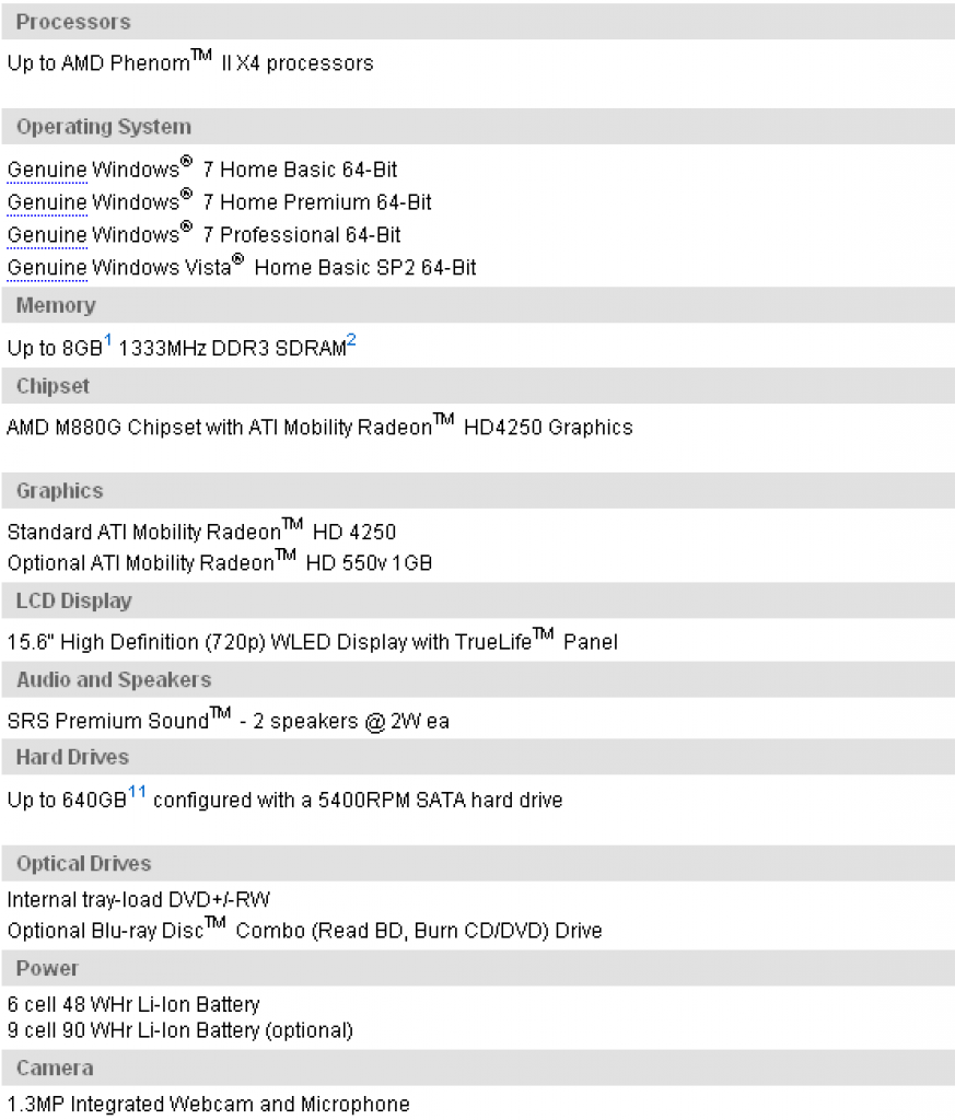 [04/05/2010] Spezifikationen des Dell Inspiron M501R