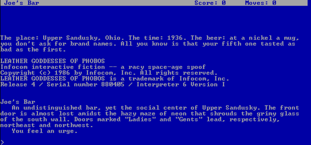 [26/05/2010] Leather Goddesses of Phobos (1986): Das Textadventure erschien bei Publisher Infocom, der 1987 von Activision gekauft wurde.