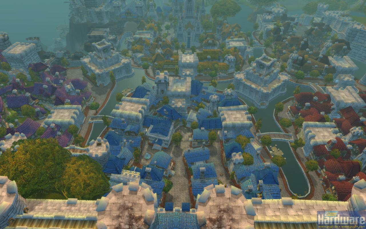 [07/07/2010] WoW Cataclysm Beta: Die Allianz-Hauptstadt Sturmwind (ehemals Stormwind) von oben - Flugmount sei Dank.