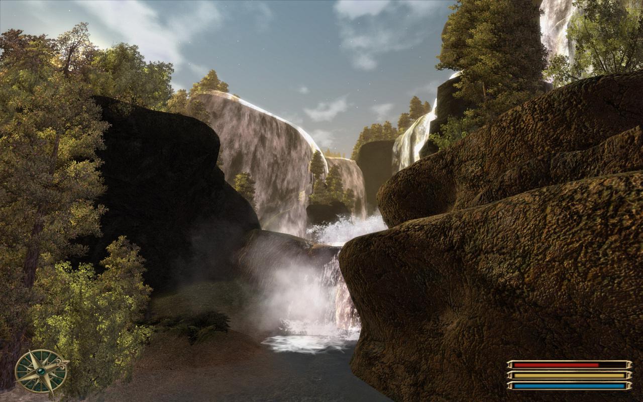 [24/09/2010] Gothic 3: Felsen und Wasserfall sind relativ karg.