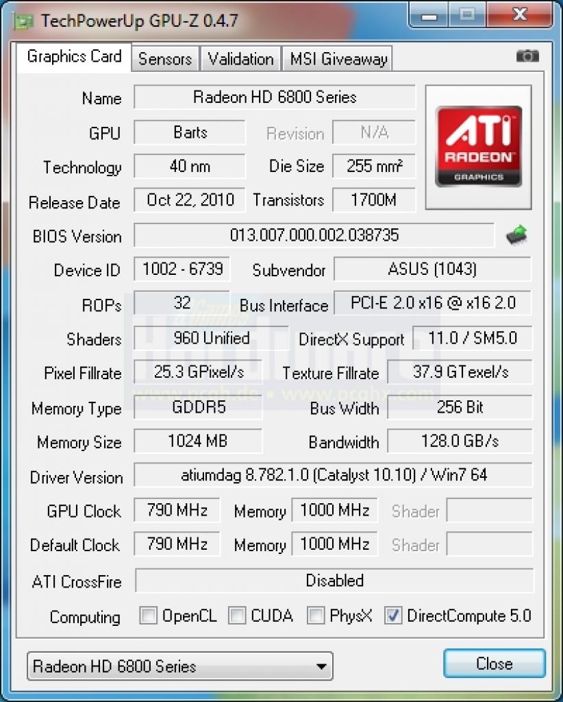 [22/10/2010] Asus EAH6850 Direct Cu: Asus' BIOS ist korrekt eingestellt, die minimale Übertaktung des Chips ist gewollt.