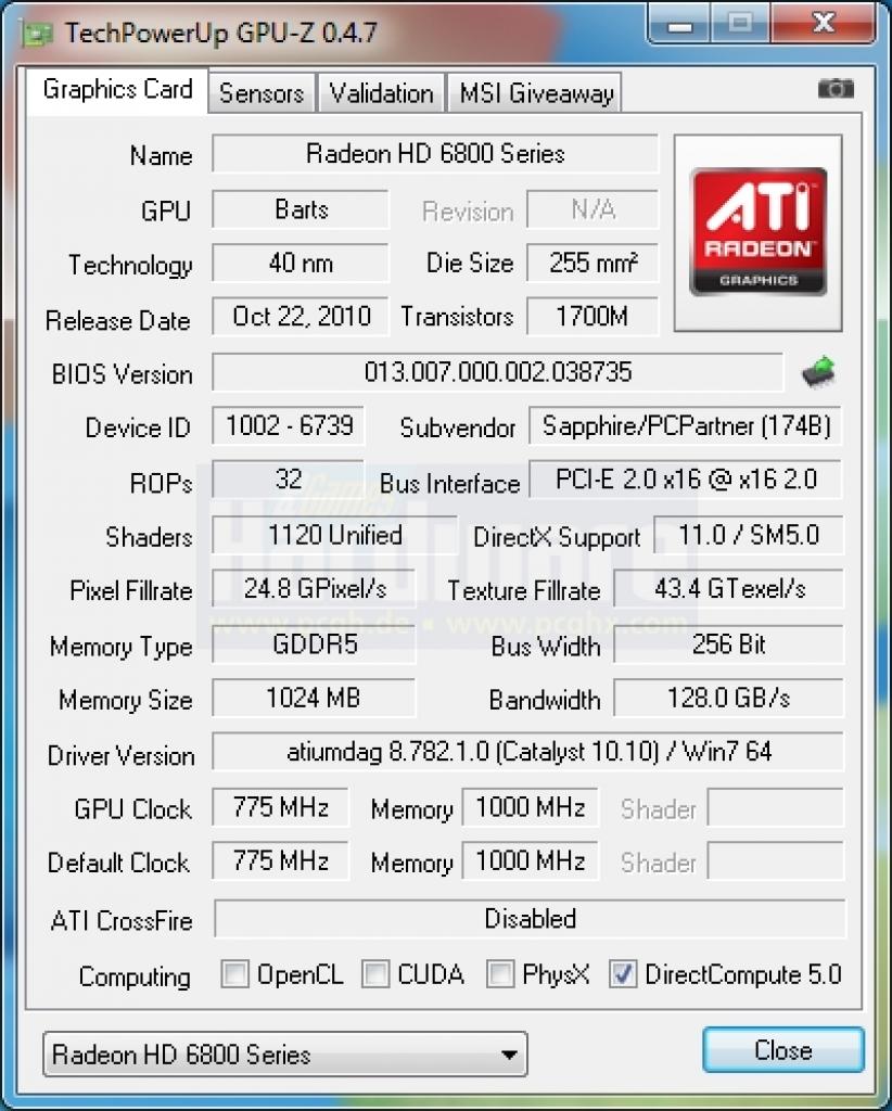 [22/10/2010] Sapphire HD 6850: 1.120 Stream-Prozessoren entsprechen der HD 6870, die 775/2.000 Takt der HD 6850.