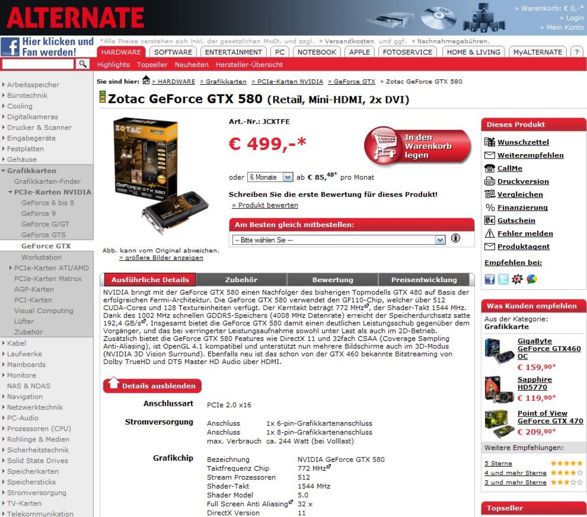 [09/11/2010] Zotac Geforce GTX 580 bei Alternate