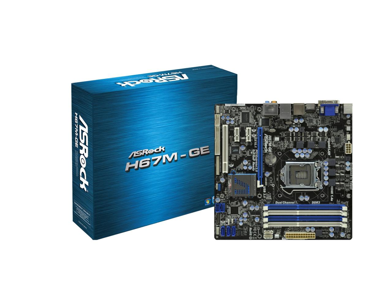 [19/11/2010] Asrock H67M-GE: Die Platine ist sehr ähnlich wie beim zuvor gezeigten Board, Kühler auf den Spannungswandlern und Front-USB-3.0 fehlen aber.