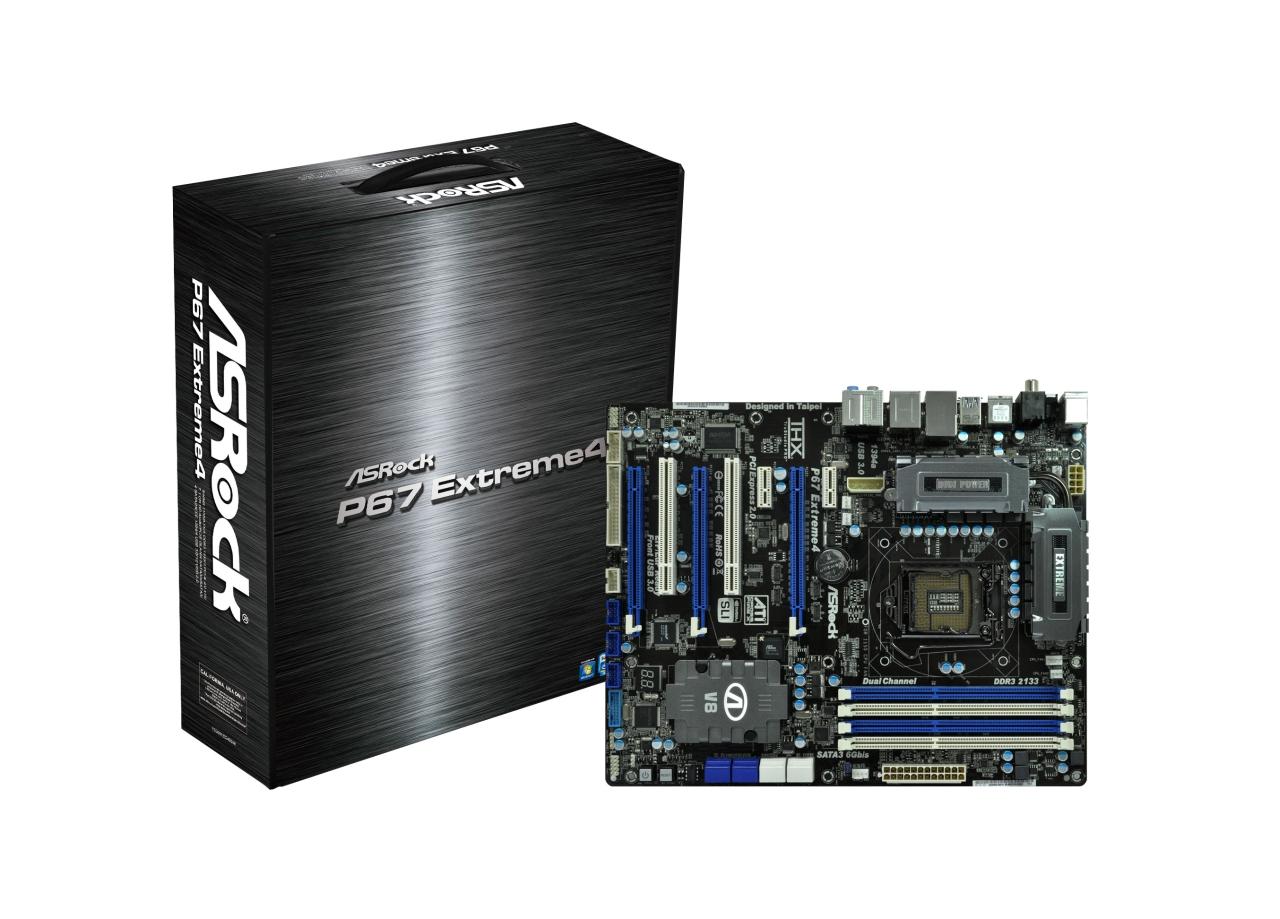 [19/11/2010] Asrock P67 Extreme4: Die gut ausgestattete P67-Variante unterstützt SLI sowie Crossfire und (wie praktsich alle Boards vom Rivalen MSI) THX Trustudio Pro.
