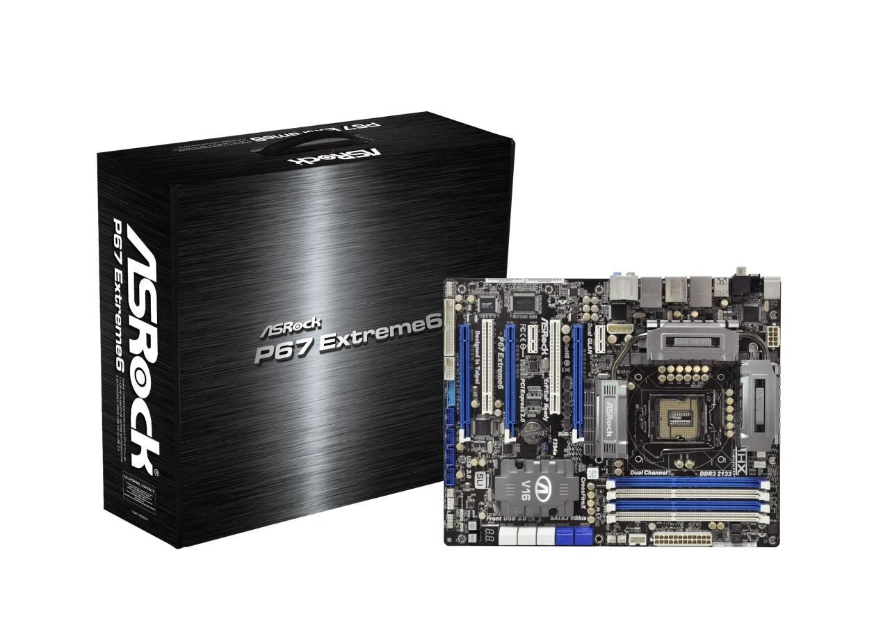 [19/11/2010] Asrock P67 Extreme6: Asrocks Topmodell: Sechsmal SATA 3Gb/s, viermal SATA 6Gb/s und womöglich ein NF200-SLI- oder ein Lucid-Hydra-Chip - jedenfalls legt der zusätzliche Kühlblock diese Vermutung nahe.