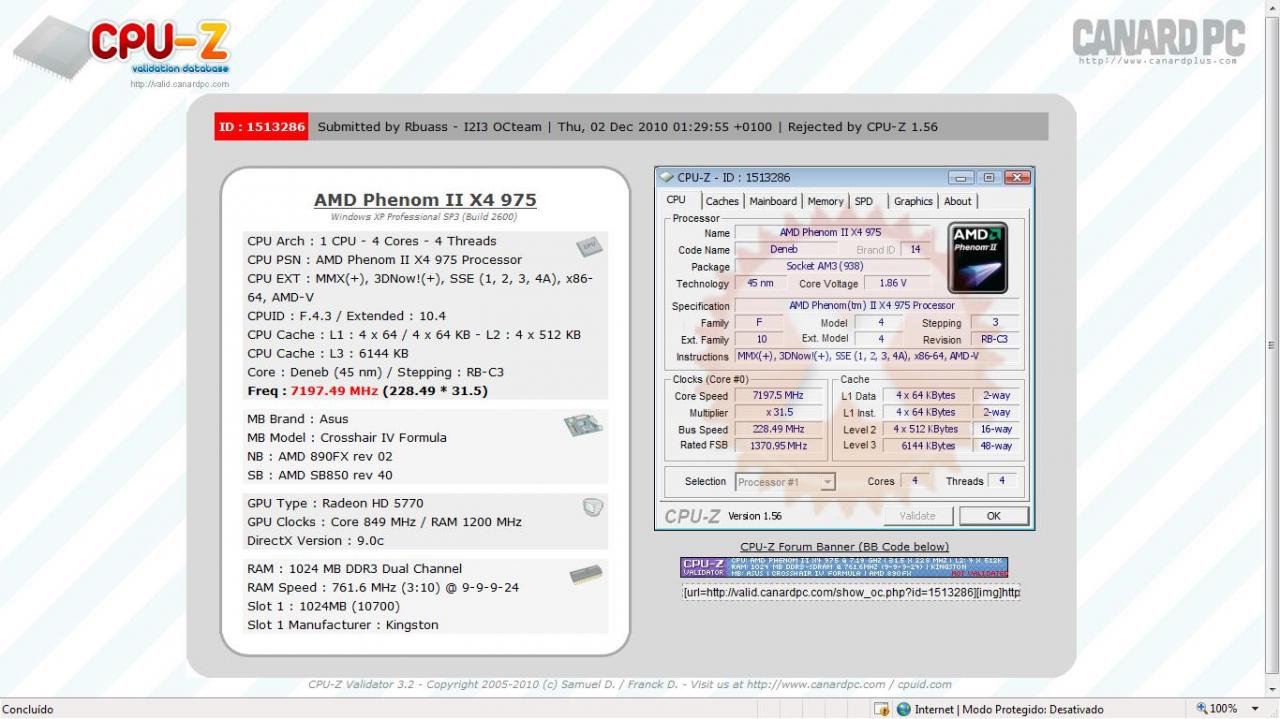 [02/12/2010] Overclocking-Ergebnis von rbuass: Phenom II X4 975 BE @ 7.197,49 MHz