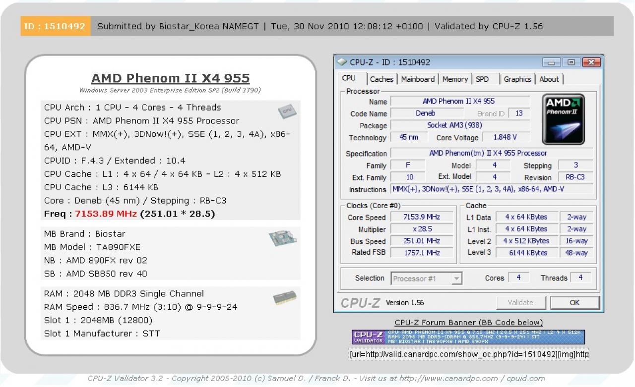 [02/12/2010] Overclocking-Ergebnis von namegt: Phenom II X4 955 BE @ 7.153,89 MHz