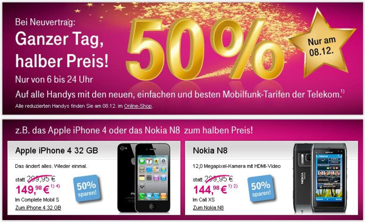 [07/12/2010] T-Mobile gewährt 50 Prozent Rabatt auf alle Handys. 
