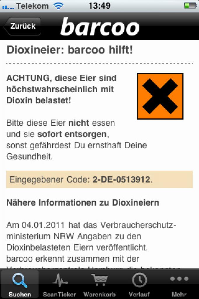 [08/01/2011] Dioxin-Eier mit der App Barcoo für iPhone 4 & Co. erkennen