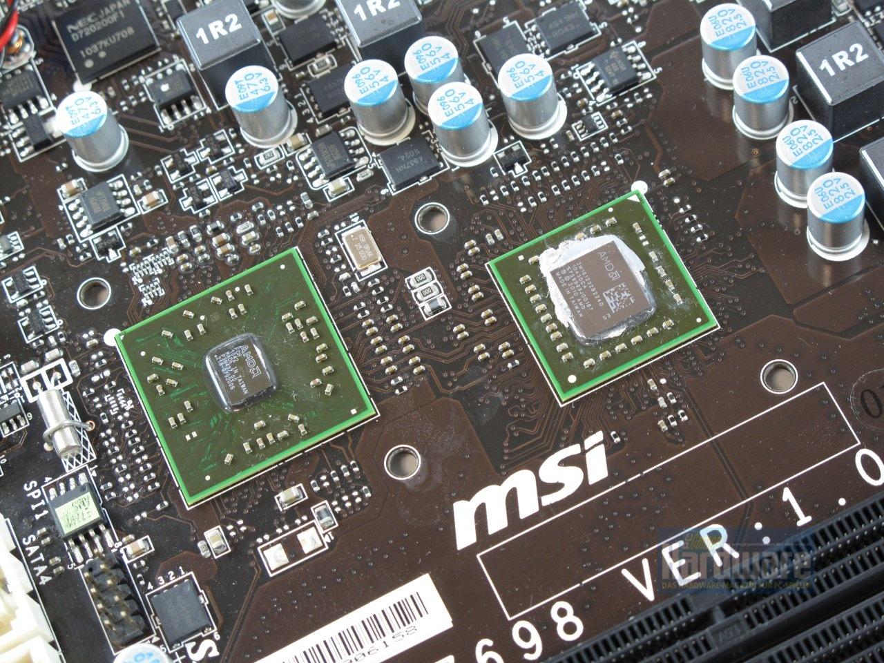 [14/01/2011] Zacate-APU E-350 (rechts) und Hudson-Mainboard-Chip auf dem MSI E350IA E45 2