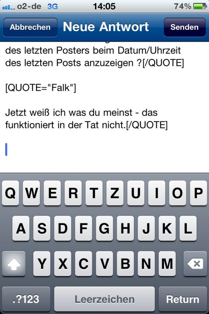 [03/01/2011] Schreiben einer Antwort. Es steht in der mobilen Variante nur die BB-Code-Ansicht zur Verfügung ein WYSIWYG-Editor wird nicht unterstützt.