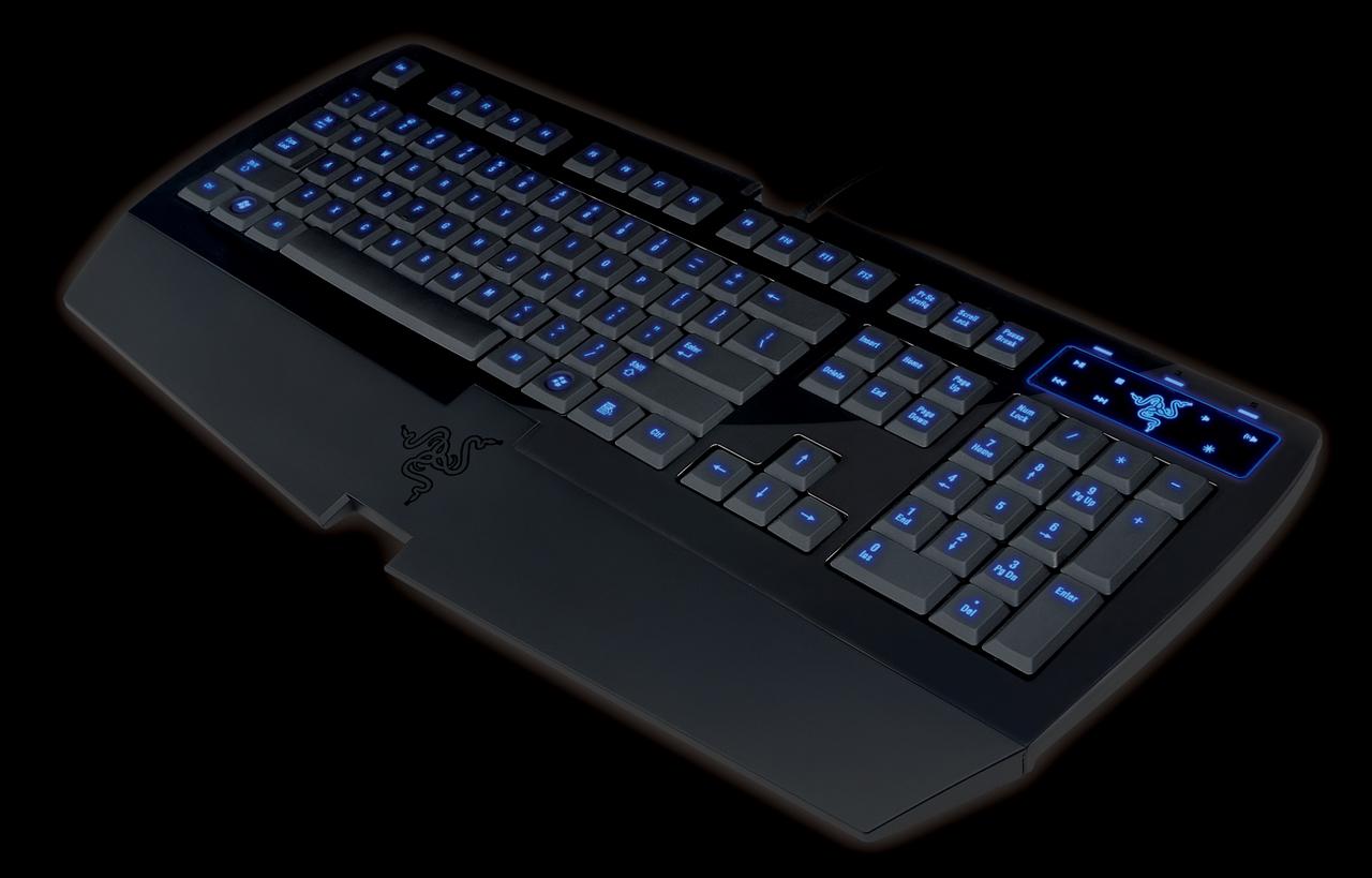 [23/02/2011] Razer Lycosa: Die Wolfspinne setzt auf flache, mit Gummi überzogene Tasten und eine Beleuchtung, die wahlweise nur die WASD-Tasten erhellt.