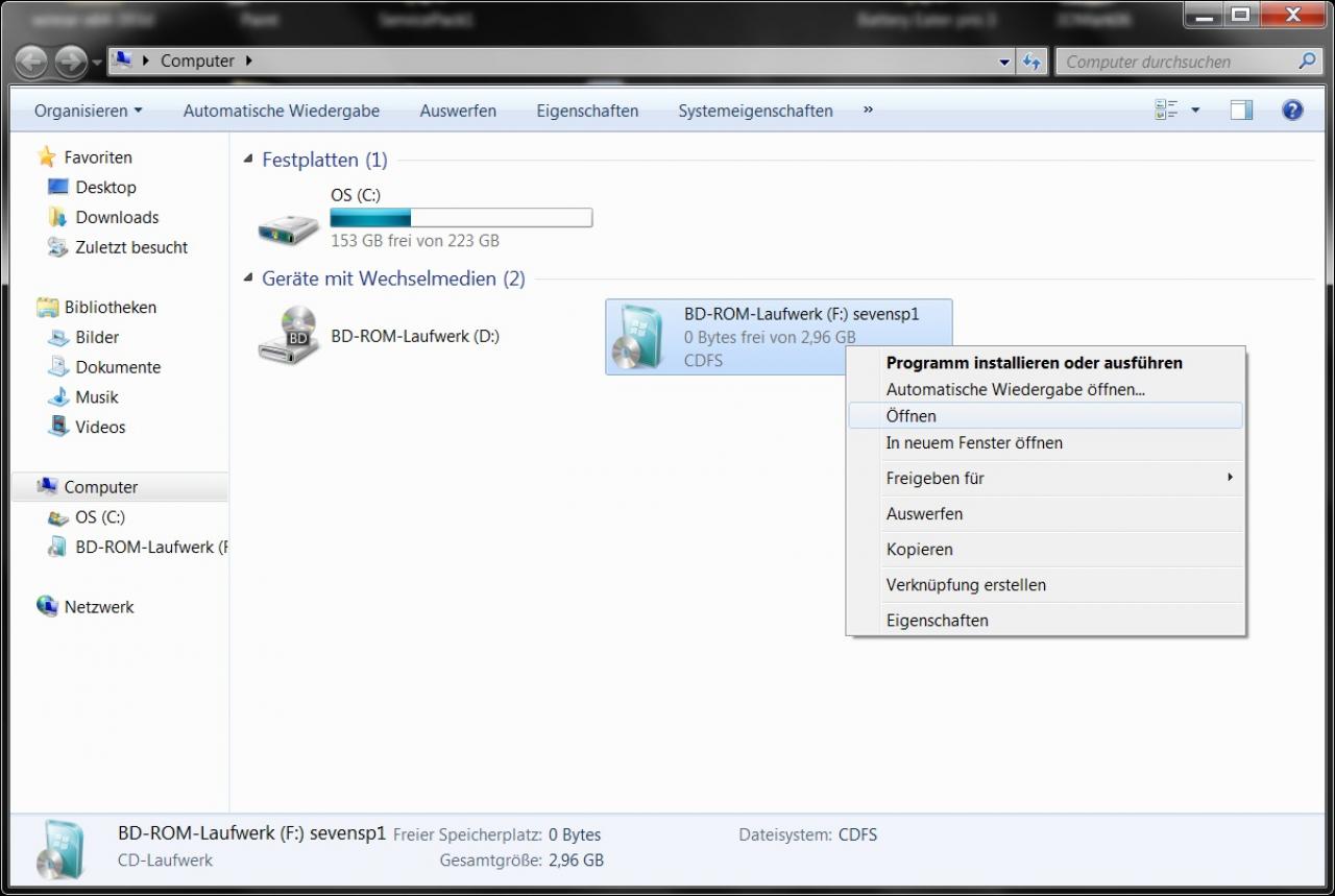 [24/02/2011] Schritt 1: Windows-DVD einlegen, per Rechtsklick öffnen und an einem beliebigen Ort auf Ihrer Festplatte einen Ordner mit dem Namen 