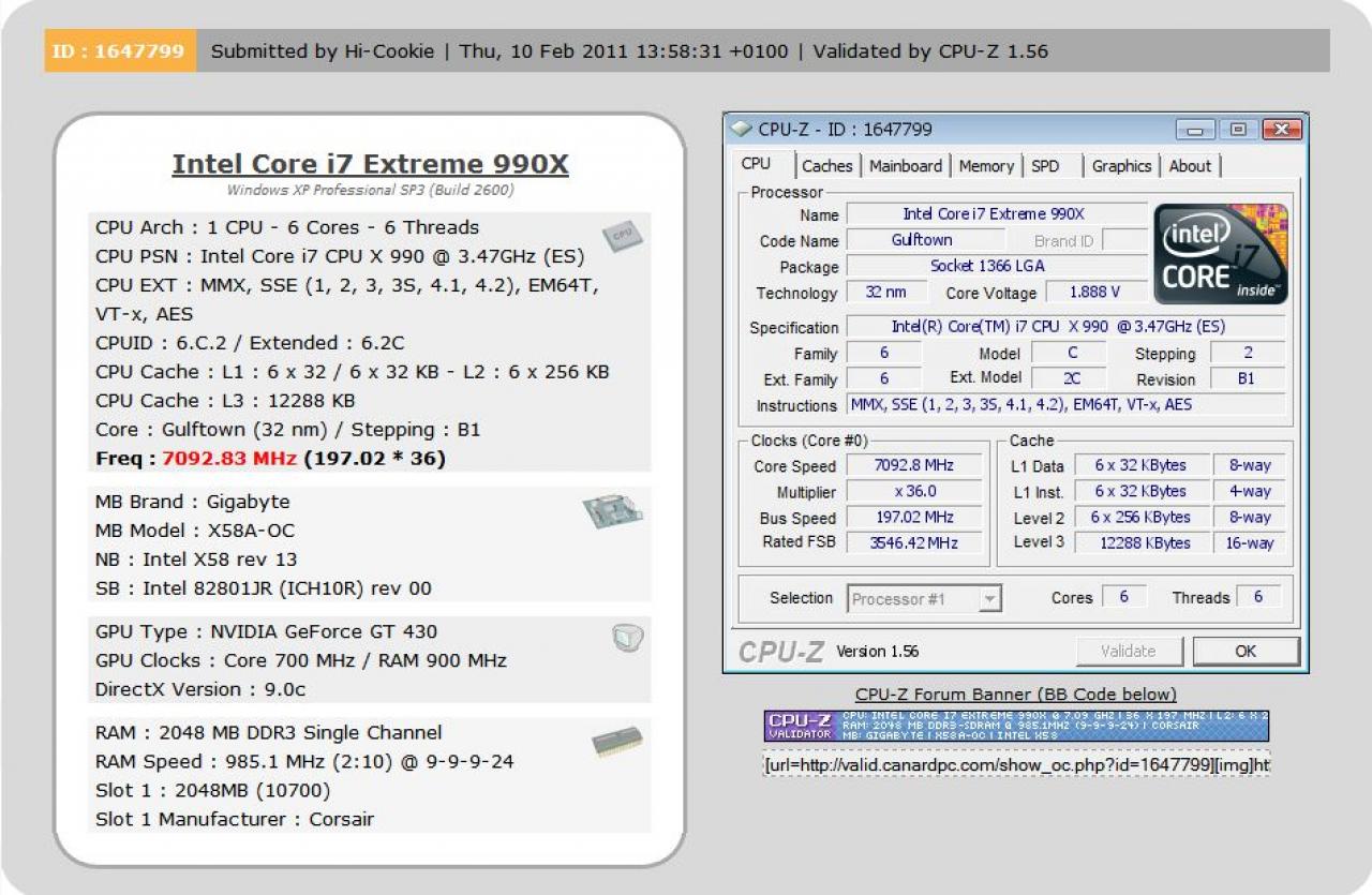 [21/02/2011] Core i7-990X: CPU-Z-Validierung bei 7.092,83 MHz