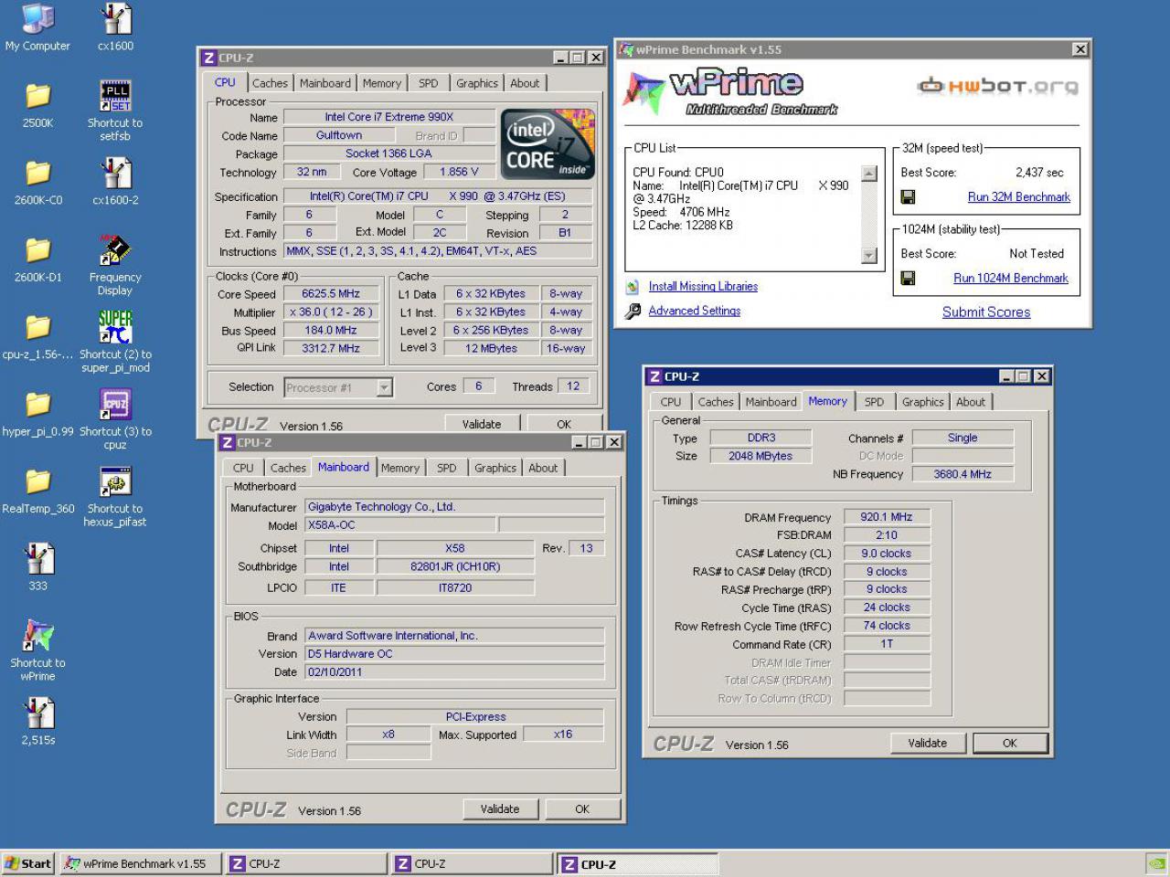 [21/02/2011] Core i7-990X @ 6.625 MHz: Wprime 32M durchläuft in 2,437 Sekunden