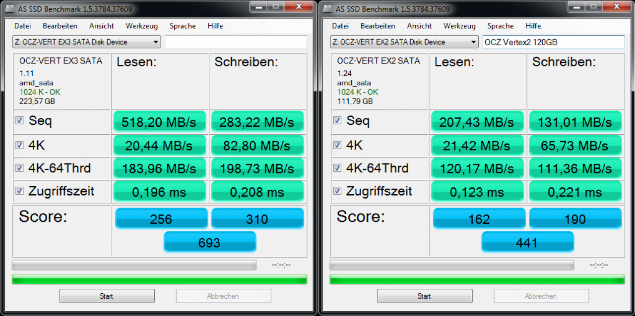 [03/03/2011] AS SSD Default (Vertex 3 240G links, Vertex 2 120G rechts)