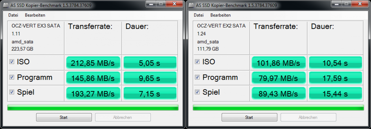 [03/03/2011] AS SSD Kopiertest (Vertex 3 240G links, Vertex 2 120G rechts)