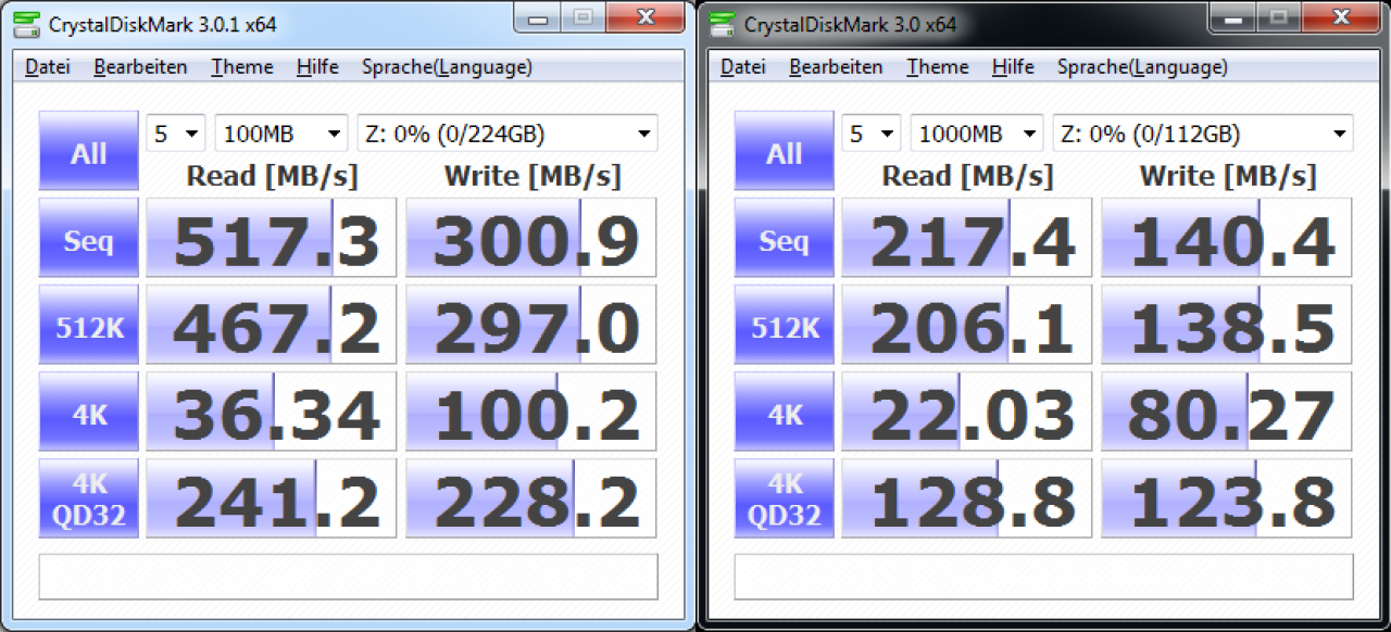 [03/03/2011] Crystal Diskmark (Vertex 3 240G links, Vertex 2 120G rechts)