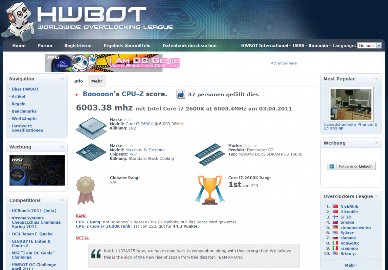 [05/04/2011] Intel Core i7 2600K erreicht 6 Gigahertz (1)