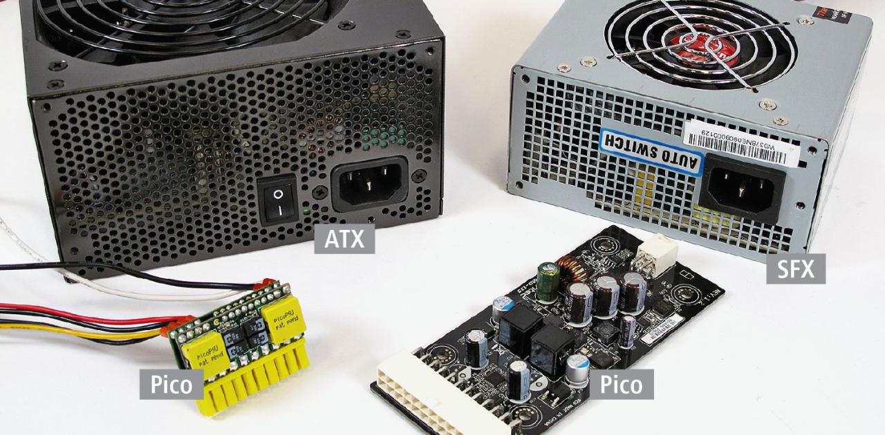 [21/04/2011] Meilensteine: Vergleich zu ATX: SFX- und zwei Pico-Netzteile (Stecker- und Platinenbauform)