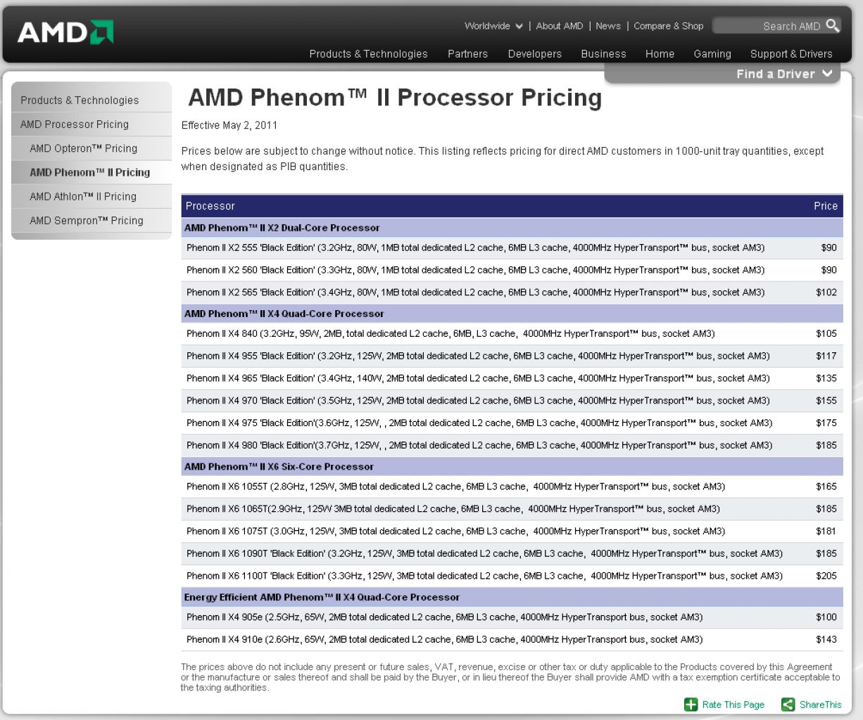 [04/05/2011] AMD Preisliste: Phenom vom Mai 2011
