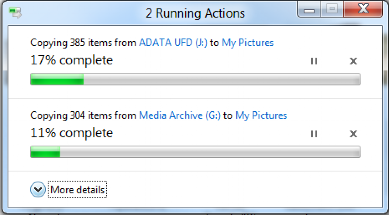 [29/08/2011] First, we've consolidated the copy experience. You can now review and control all the Explorer copy jobs currently executing in one combined UI. Windows 8 presents all pending copy jobs in this single dialog, saving you from having to navigate through multiple floating dialogs looking for the one you need.