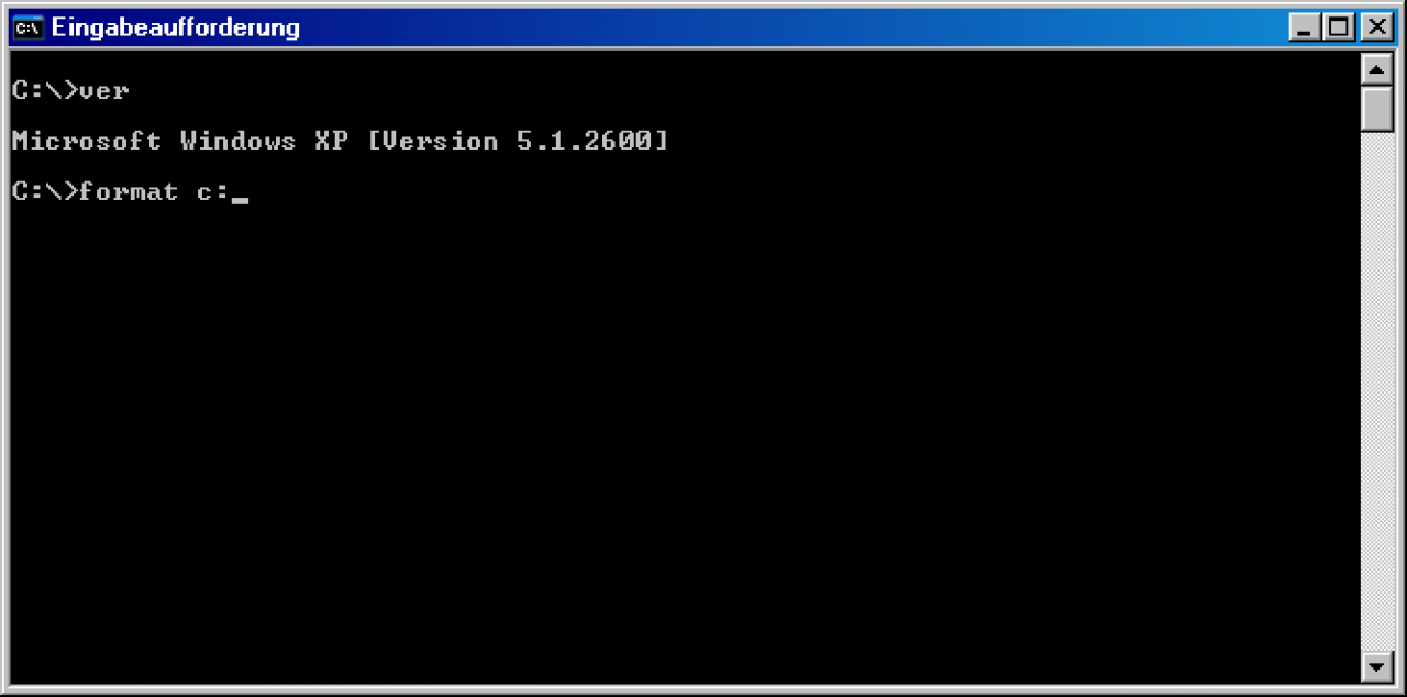 [08/08/2011] Die DOS-Eingabeaufforderung von Windows XP mit einem der beliebtesten DOS-Befehle...