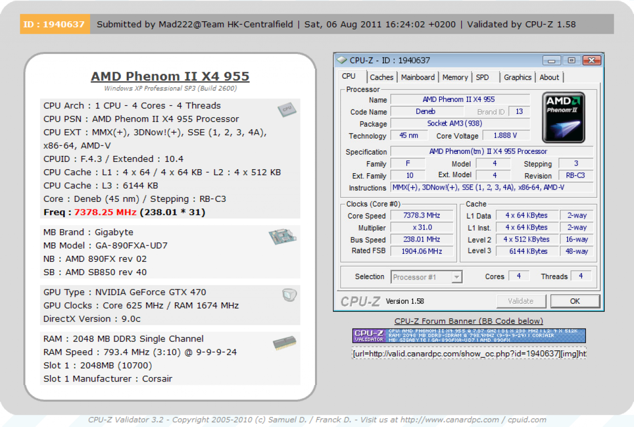 [08/08/2011] Phenom II X4: Neuer Übertakter-Weltrekord mit 7.378 MHz und in Super Pi (2)