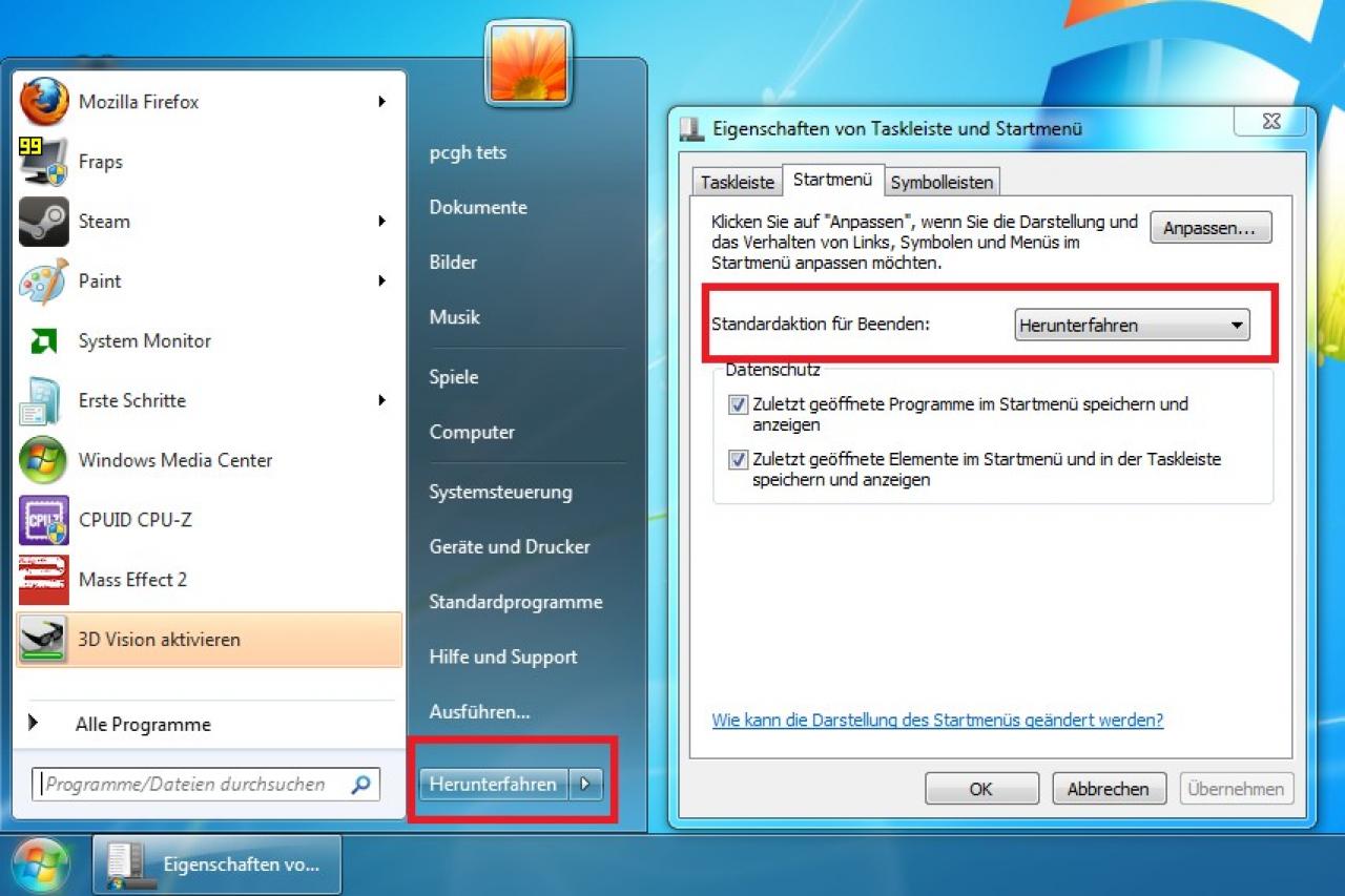 [03/08/2011] Wenn Sie selbst bestimmen möchten, wie Ihr PC auf die Beenden-Schaltfläche im Startmenü reagiert, dann klicken Sie mit der rechten Maustaste auf den Button und gehen auf 