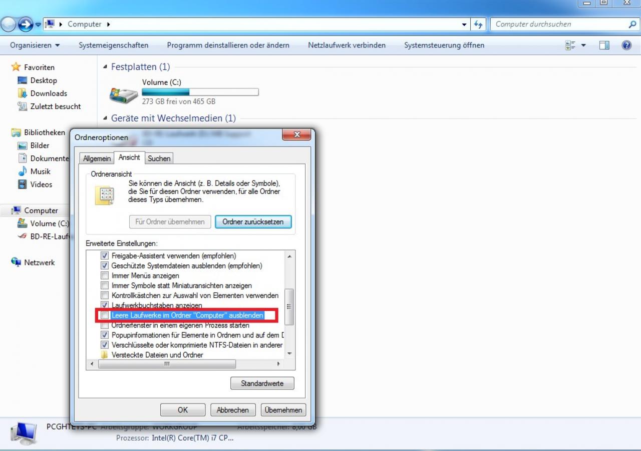 [03/08/2011] Windows 7 blendet standardmäßig alle Laufwerke aus, in denen kein Datenträger drin ist aus. Wenn Sie das gerne ändern möchten öffnen Sie die 