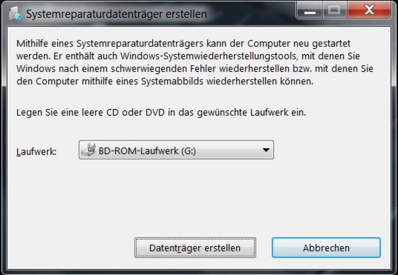 [03/08/2011] Windows 7 bietet Ihnen die Möglichkeit einen bootfähigen Datenträger mit Diagnose-Tools für den Notfall zu erstellen. Geben Sie 