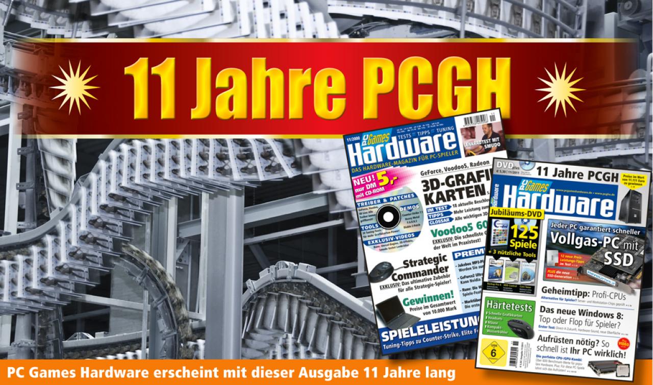 [28/09/2011] Jubiläumsgewinnspiel mit Preisen im Wert von 11.111 Euro: Die erste Ausgabe lag vor 11 Jahren am Kiosk. Seit dieser Zeit hat sich PC Games Hardware stetig weiterentwickelt und ist heute fester Bestandteil im IT-Zeitschriftenmarkt. 