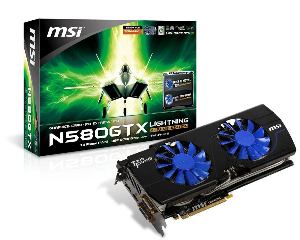 [15/09/2011] MSI Geforce GTX 580 Lightning Extreme Edition: Dust Removal und Smart Temp Sensor Technology - Ersteres lässt die Lüfter beim Start für 30 Sekunden in die falsche Richtung drehen, dadurch soll Staub aus den Lamellen gesaugt werden. Die nun blauen Propeller behalten ihre Farbe nicht durchgehend, mit steigender Luftansaugtemperatur wechselt der Kunststoff seine Farbe und wird heller, bis er bei 45 Grad Celsius schließlich weiß ist. 