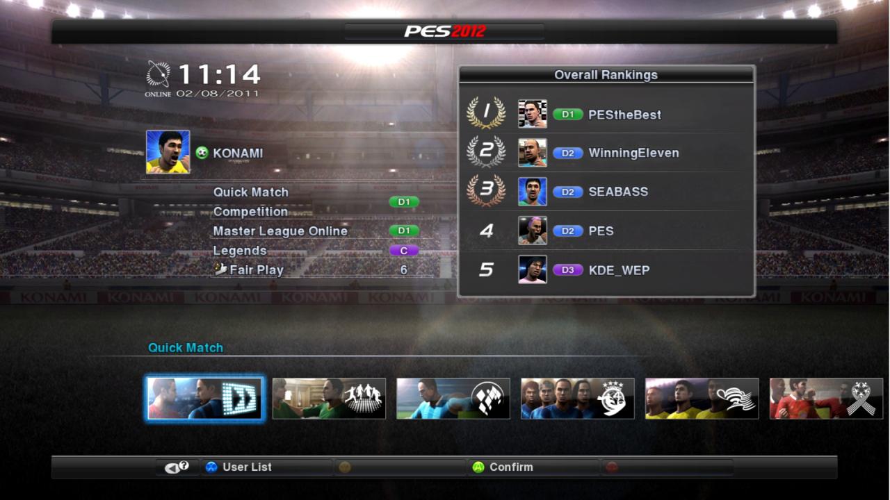 [26/09/2011] Online und Preis : PES 2012 Pro - Meisterliga Online, Einzelmatches und Turniere werden auch bei PES 2012 die Abende der Fußball-Fans füllen. Ob Konami hier an FIFA 12 herankommt, ist bis jetzt fraglich. Dafür ist der Preis absolut Top: Zehn Euro ist PES 2012 billiger als FIFA 12, Konamis Kicker kostet nur 32 Euro (Stand: 26. September 2011) 
