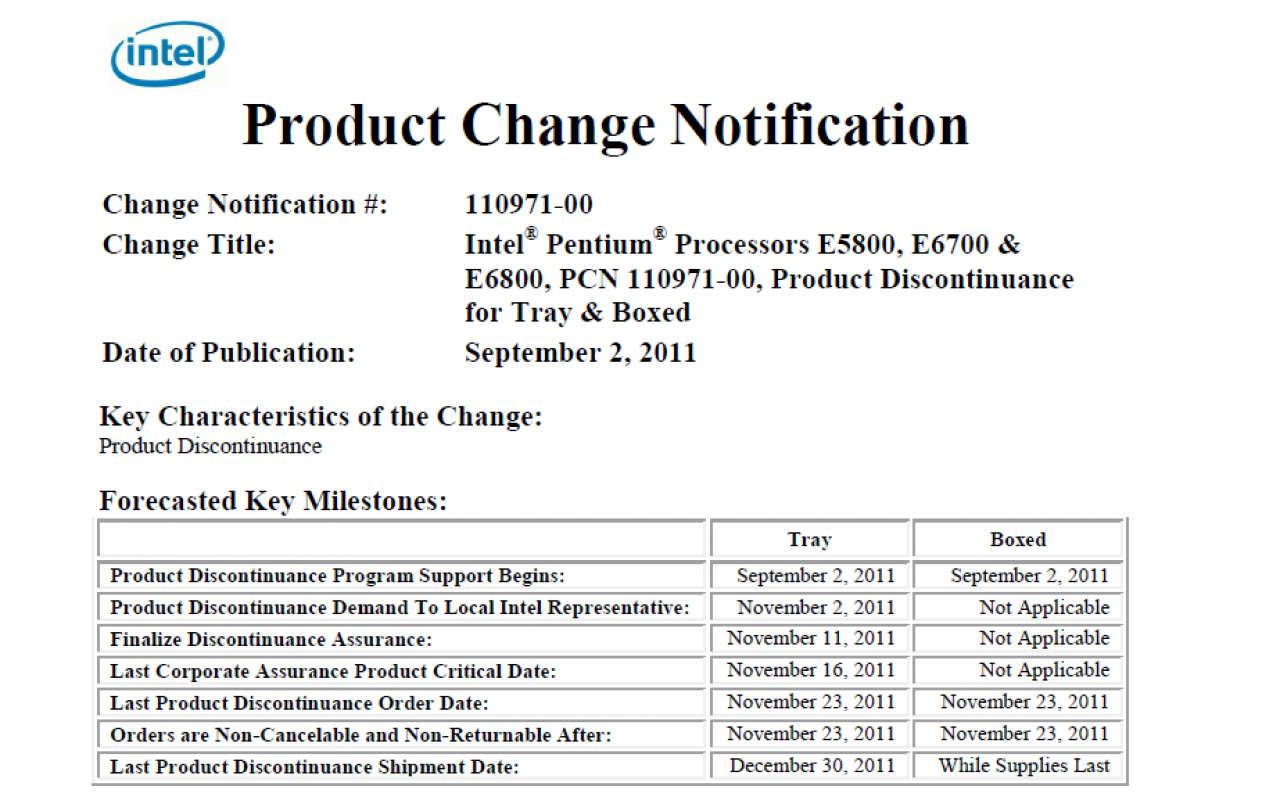[05/09/2011] Intel: Pentium E6800, E6700 und E5800 eingestellt