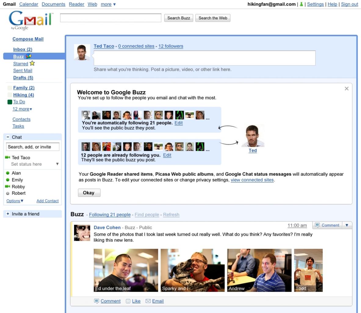 [18/10/2011] Google Buzz - Social Network meets Google Mail. An sich keine schlechte Idee, der Dienst konnte sich aber nie durchsetzen.