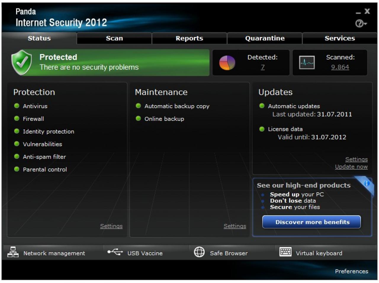 [31/10/2011] Platz 04: Panda Internet Security 2012 - Malware-Schutz: 5,5 Punkte; Malware-Entfernung: 5,0 Punkte; Performance/Bedienung: 5,0 Punkte; Summe: 15,5 Punkte - Im PCGH-Preisvergleich suchen