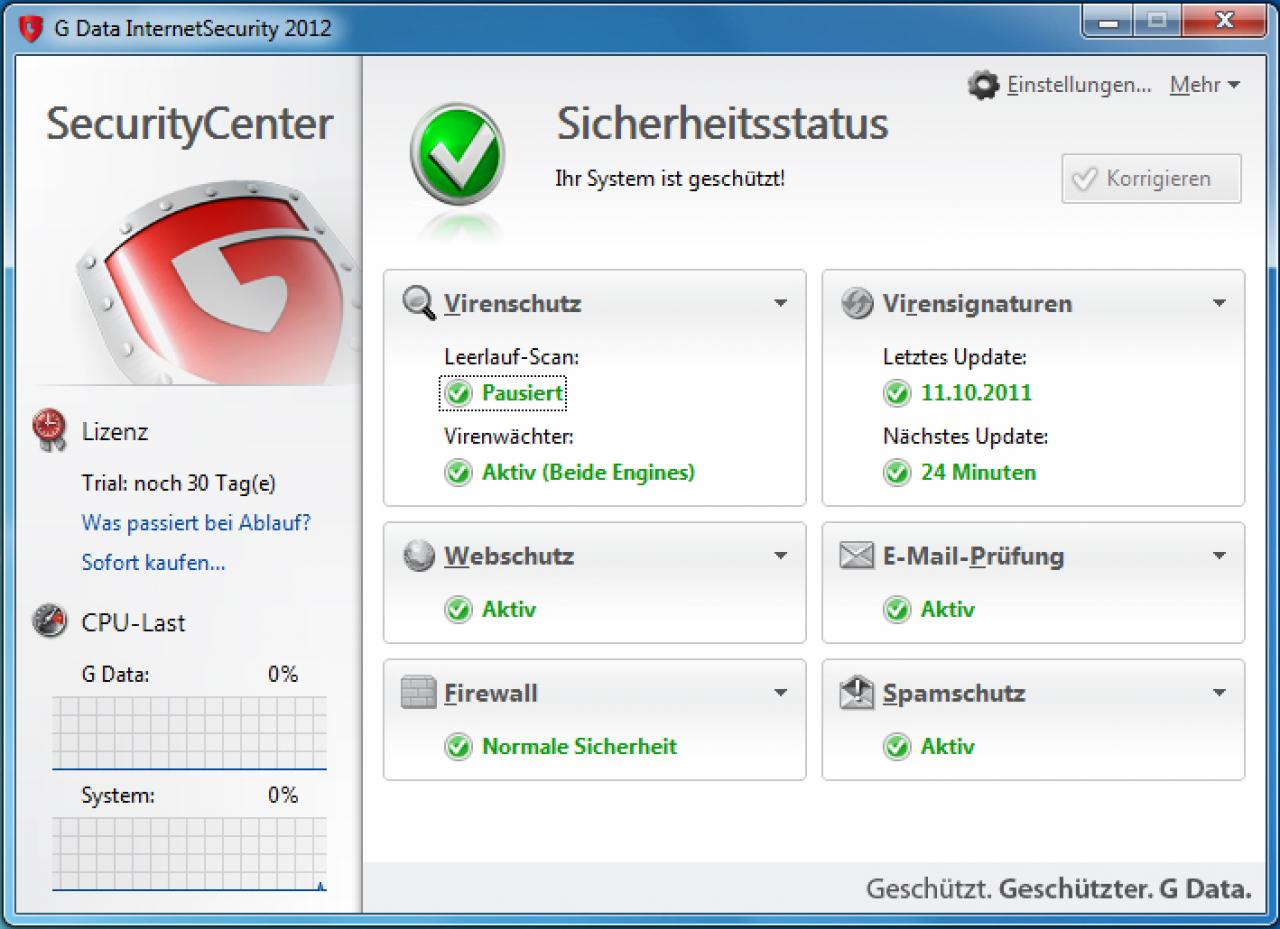 [31/10/2011] Platz 06: G Data Internet Security 2012 - Malware-Schutz: 5,5 Punkte; Malware-Entfernung: 4,5 Punkte; Performance/Bedienung: 4,0 Punkte; Summe: 14,0 Punkte - Im PCGH-Preisvergleich suchen