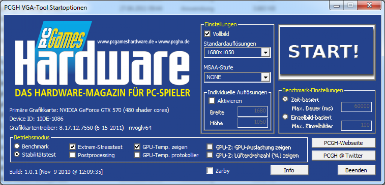 [03/10/2011] Das PCGH-VGA-Tool ist ein Stresstest auf Basis der Furmark-Software. Durch die hohe GPU-Last können Sie das Tool nutzen, um Ihre Karte auf Stabilität und ausreichende Kühlung zu testen. Das Tool ist exklusiv auf unserer Heft-DVD. In unserem Forum finden Sie einen Support-Thread zum Tool. Link PCGH Extreme-Forum