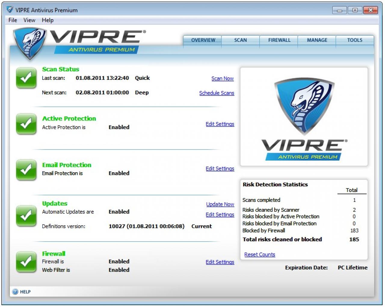 [31/10/2011] Platz 15: GFI Vipre Antivirus Premium 4 - Malware-Schutz: 4,5 Punkte; Malware-Entfernung: 3,5 Punkte; Performance/Bedienung: 3,5 Punkte; Summe: 11,5 Punkte - Im PCGH-Preisvergleich suchen